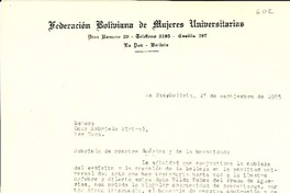 [Carta] 1955 sept. 17, La Paz, [Bolivia] [a] Gabriela Mistral, New York, [EE.UU.]
