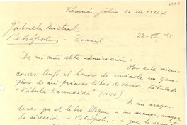 [Carta] 1944 jul. 21, Paraná, Argentina [a] Gabriela Mistral, Petrópolis, [Brasil]
