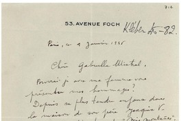 [Carta] 1945 janv. 9, Paris, [Francia] [a] Gabriella [sic] Mistral