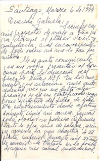 [Carta] 1944 mar. 6, Santiago, [Chile] [a] Gabriela [Mistral]