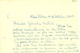 [Carta] 1944 oct. 14, São Pablo, [Brasil] [a] Gabriela Mistral, [Brasil]
