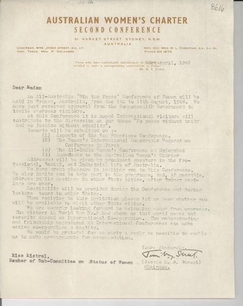 [Carta] 1946 Apr. 23, [Sydney, Australia] [a] Gabriela Mistral