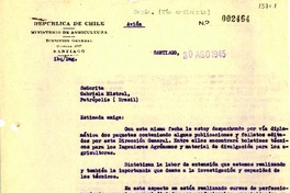 [Carta] 1945 ago. 30, Santiago, [Chile] [a] Gabriela Mistral, Petrópolis, Brasil