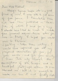[Carta] 1946 mayo. 12, Florence, [Italia] [a] [Gabriela] Mistral