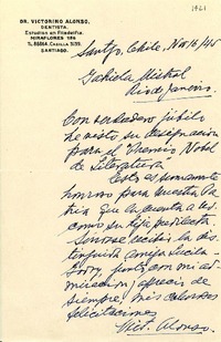 [Carta] 1945 nov. 16, Santiago [a] Gabriela Mistral, Río de Janeiro