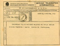 [Telegrama] 1945 nov. 16, Santiago [a] Gabriela Mistral, Río de Janeiro