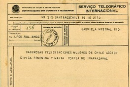[Telegrama] 1945 nov. 16, Santiago [a] Gabriela Mistral, Río de Janeiro