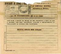 [Telegrama] 1945 nov. 17, Crams-sur-Sierre, [Suiza] [a] Gabriela Mistral, Petrópolis, Bresil [i.e. Brasil]