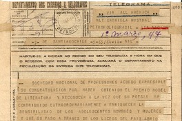 [Telegrama] 1945 dic. 15, Santiago [a] Gabriela Mistral, Petrópolis
