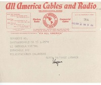 [Telegrama] 1945 nov. 16, Santiago, Chile [a] Gabriela Mistral, Rio [de Janeiro], [Brasil]