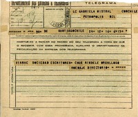 [Telegrama] 1945 nov. 17, Santiago, Chile [a] Gabriela Mistral, Petrópolis, [Brasil]