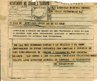 [Telegrama] 1945 nov. 17, Santiago, Chile [a] Gabriela Mistral, Petrópolis, [Brasil]