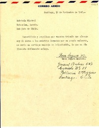 [Carta] 1945 nov. 16, Santiago [a] Gabriela Mistral, Estocolmo