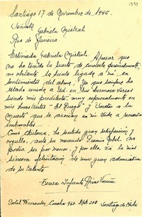 [Carta] 1945 nov. 17, Santiago, Chile [a] Gabriela Mistral, Rio de Janeiro, [Brasil]