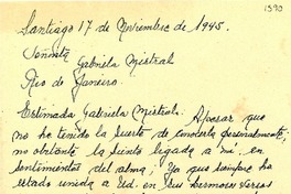 [Carta] 1945 nov. 17, Santiago, Chile [a] Gabriela Mistral, Rio de Janeiro, [Brasil]