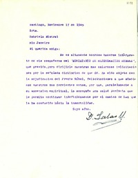 [Carta] 1945 nov. 17, Santiago, [Chile] [a] Gabriela Mistral, Rio de Janeiro, [Brasil]