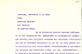 [Carta] 1945 nov. 17, Santiago, [Chile] [a] Gabriela Mistral, Rio de Janeiro, [Brasil]