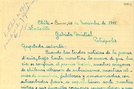[Carta] 1945 nov. 20, Cunco, Chile [a] Gabriela Mistral, Petrópolis, [Brasil]