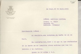 [Carta] 1951 mayo 17, La Haya, [Holanda] [a] Gabriela Mistral, Rapallo, Italia