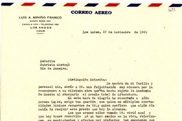 [Carta] 1945 nov. 27, Los Andes, Chile [a] Gabriela Mistral, Rio de Janeiro, [Brasil]