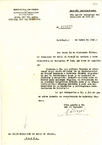 [Carta] 1946 ene. 7, Santiago, [Chile] [al] Embajador de Chile en Francia, París, [Francia]