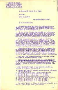 [Carta] 1946 abr. 23, La Serena, [Chile] [a] Gabriela Mistral, Los Angeles