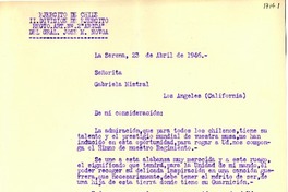 [Carta] 1946 abr. 23, La Serena, [Chile] [a] Gabriela Mistral, Los Angeles