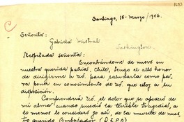 [Carta] 1946 mar. 16, Santiago, Chile [a] Gabriela Mistral, Washington, [EE.UU.]
