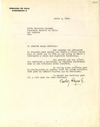 [Carta] 1946 abr. 4, Washington, [EE.UU.] [a] Gabriela Mistral, Los Angeles, Cal[ifornia], [EE.UU.]