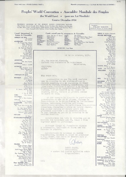 [Carta] 1950 oct. 12, Genève, [Suiza] [a] Gabriela Mistral, Santiago, Chile