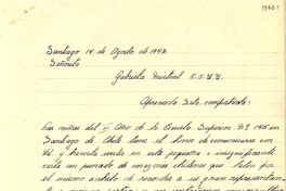 [Carta] 1947 jul. 14, Santiago, [Chile] [a] Gabriela Mistral, EE.UU.