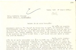 [Carta] 1948 ene. 27, Nueva York, [EE.UU.] [a] Gabriela Mistral, Santa Barbara, California, [EE.UU.]