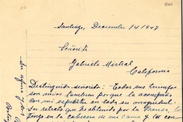 [Carta] 1947 dic. 14, Santiago [a] Gabriela Mistral, California