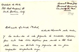 [Carta] [1948?], Harvard University, [EE.UU.] [a] Gabriela Mistral, Santa Barbara, Calif[ornia], [EE.UU.]