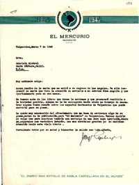 [Carta] 1948 mar. 7, Valparaíso, Chile [a] Gabriela Mistral, Santa Bárbara, Calif[ornia], EE.UU.