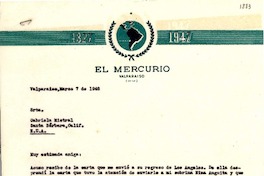 [Carta] 1948 mar. 7, Valparaíso, Chile [a] Gabriela Mistral, Santa Bárbara, Calif[ornia], EE.UU.