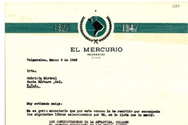 [Carta] 1948 mar. 9, Valparaíso, Chile [a] Gabriela Mistral, Santa Bárbara, Cal[ifornia], EE.UU.