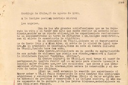 [Carta] 1949 ago. 25, Santiago, Chile [a] Gabriela Mistral, Los Angeles, [EE.UU.]