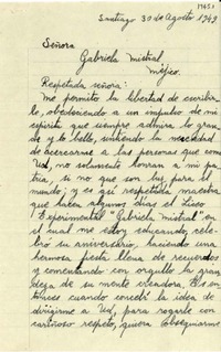 [Carta] 1949 ago. 30, Santiago, Chile [a] Señora Gabriela Mistral, Méjico