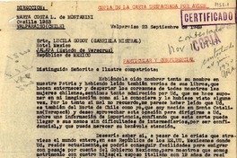 [Carta] 1949 sept. 23, Valparaíso, Chile [a] Lucila Godoy, Hotel México, Jalapa, Veracruz, México