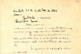 [Carta] 1949 oct. 31, Quillota, Chile [a] Gabriela Mistral