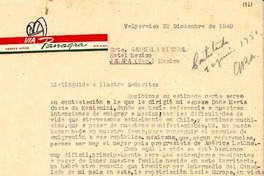 [Carta] 1949 dic. 22, Valparaíso, Chile [a] Gabriela Mistral, Hotel México, Jalapa, Veracruz, México