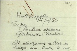 [Carta] 1950 mar. 14, Antofagasta [a] Gabriela Mistral