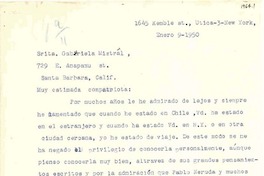 [Carta] 1950 ene. 9, New York, [Estados Unidos] [a] Gabriela Mistral, Santa Bárbara, [Estados Unidos]