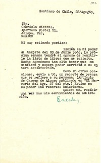 [Carta] 1950 ago. 28, Santiago, Chile [a] Gabriela Mistral, Jalapa, Ver., México