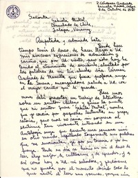 [Carta] 1950 oct. 9, Valparaíso, Chile [a] Gabriela Mistral, Consulado de Chile, Jalapa, Veracruz, [México]