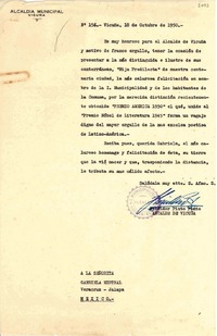 [Carta] 1950 oct. 18, Vicuña [a] Gabriela Mistral, Jalapa, Veracruz, México