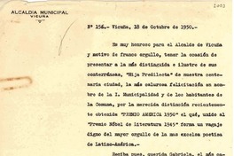 [Carta] 1950 oct. 18, Vicuña [a] Gabriela Mistral, Jalapa, Veracruz, México