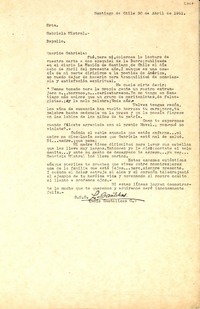 [Carta] 1951 abr. 30, Santiago, Chile [a] Gabriela Mistral, Rapallo, [Italia]