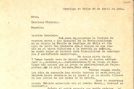 [Carta] 1951 abr. 30, Santiago, Chile [a] Gabriela Mistral, Rapallo, [Italia]